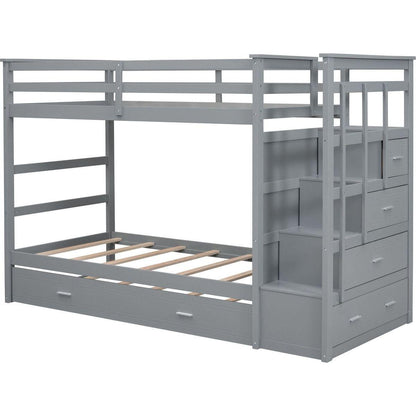 Twin Over Twin Bunk Bed with Trundle and Staircase,Gray