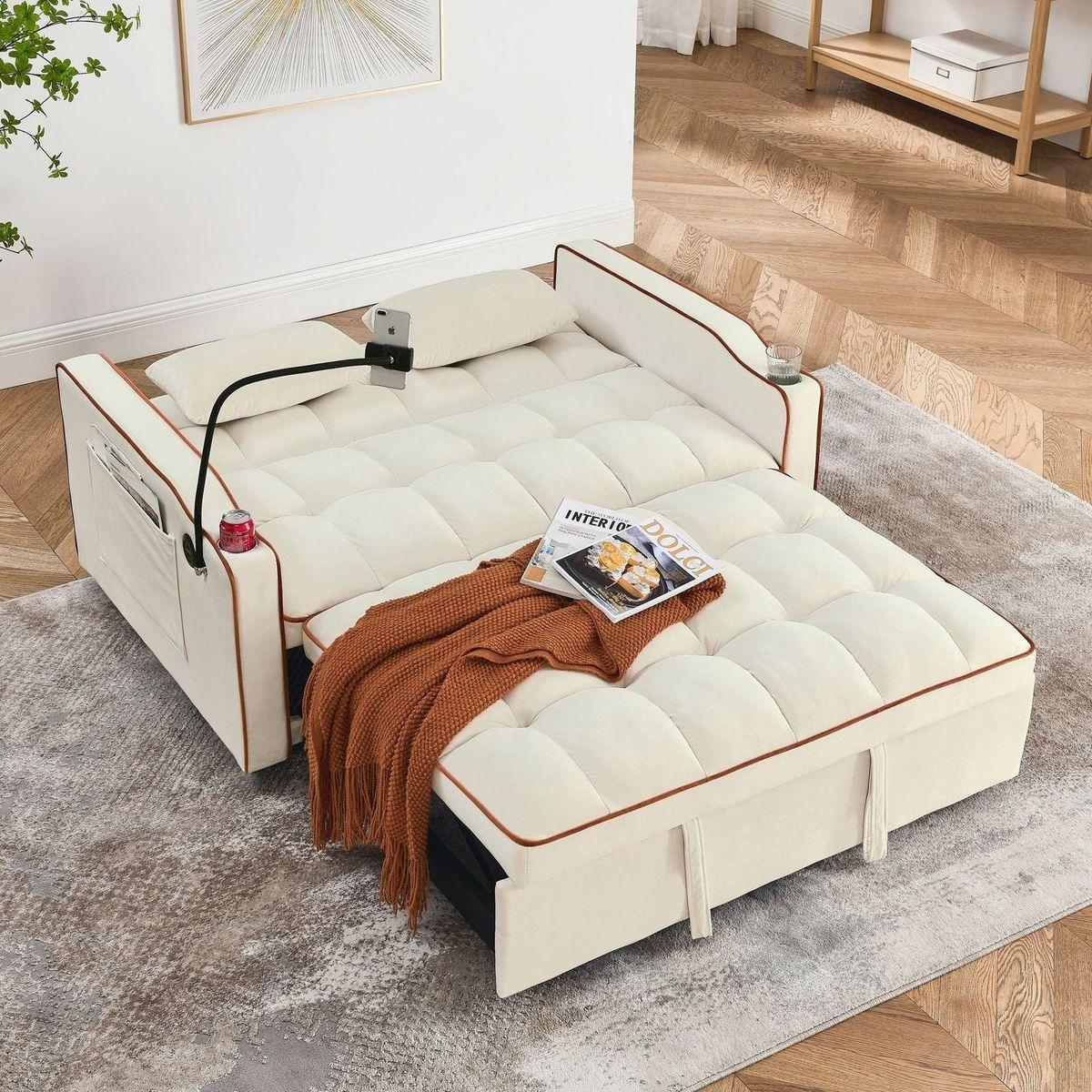 55.51 inch versatile foldable sofa bed in 3 lengths, modern sofa sofa sofa velvet pull-out bed, adjustable back and with USB port and ashtray and swivel phone stand (Beige)