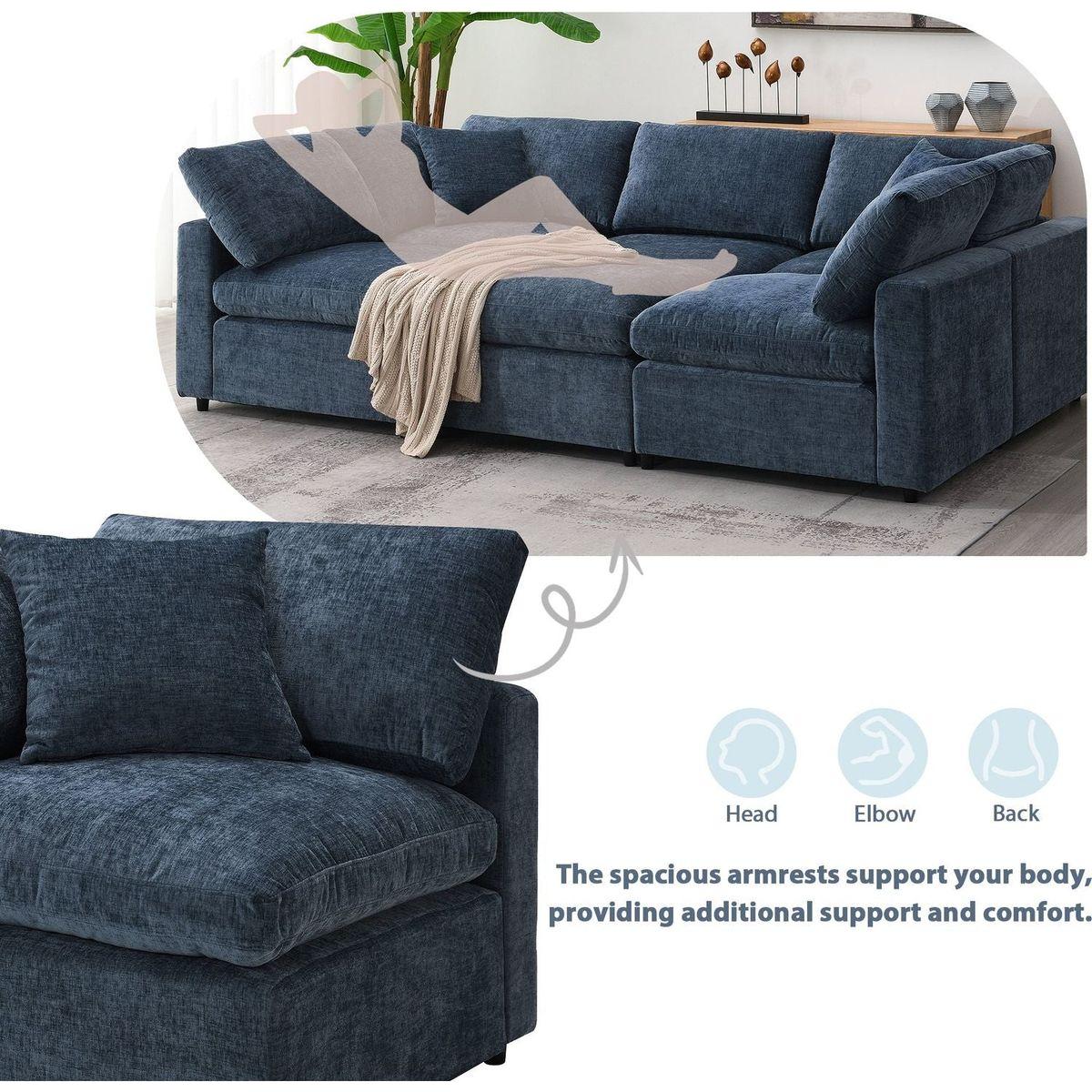 130x65" Modern Modular Cloud Sofa Bed, 6 Seat Chenille Sectional Couch Set with Ottoman,Free Combination,Convertible U Shaped Sleeper Sofa for Living Room, Apartment, 3 Colors