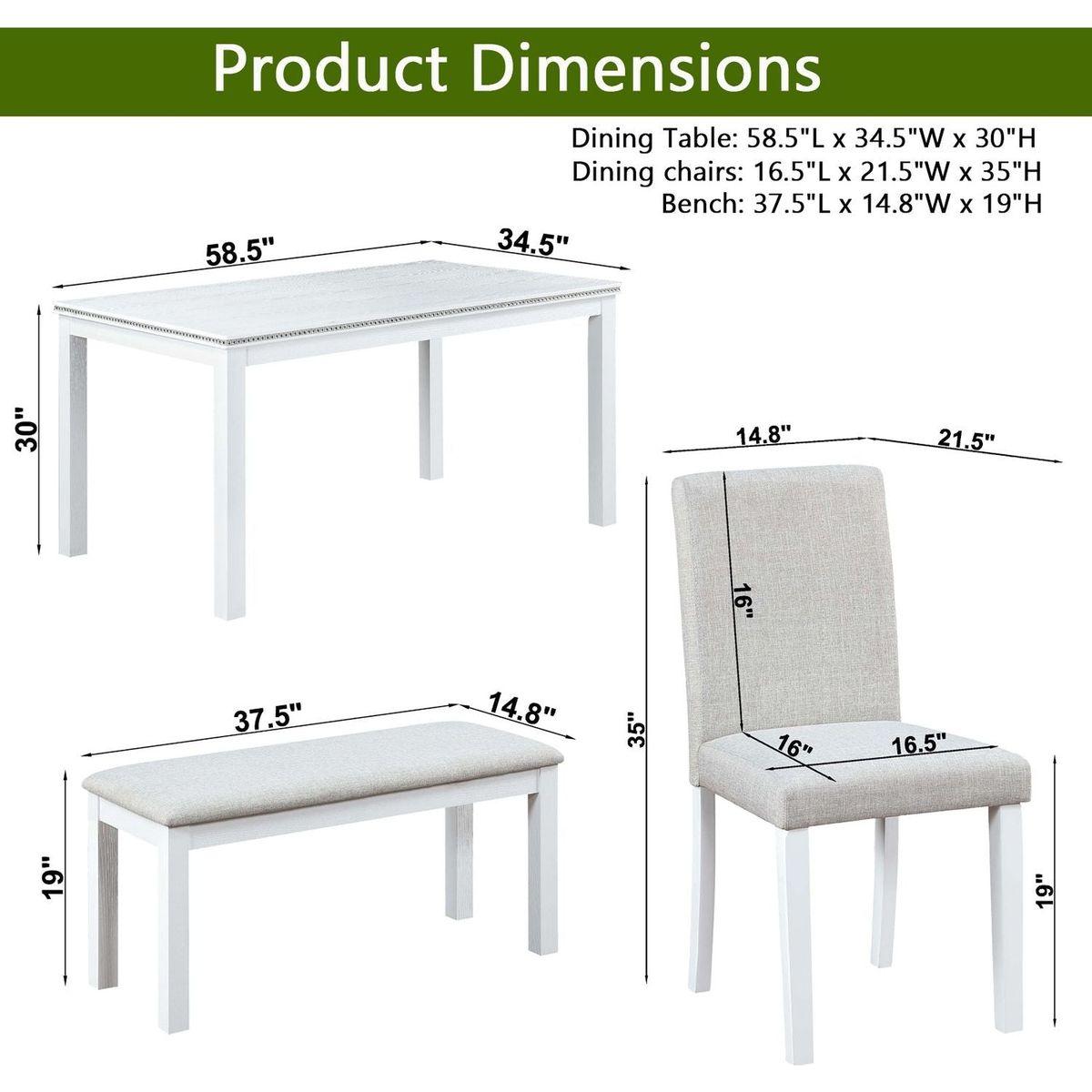 Wooden Dining Rectangular Table with Bench, Kitchen Table with Bench for Small Space, 6 Person Dining Table, White