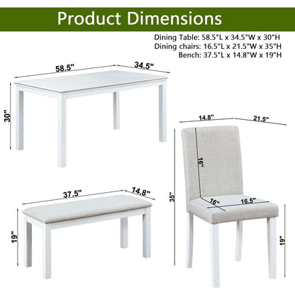 Wooden Dining Rectangular Table with Bench, Kitchen Table with Bench for Small Space, 6 Person Dining Table, White