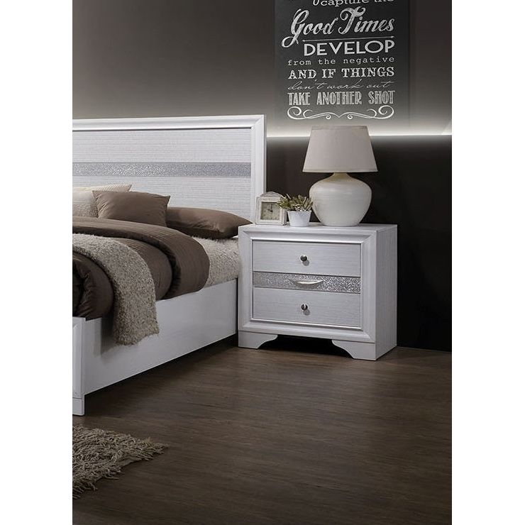 Contemporary 1pc Nightstand White Finish Silver Accents Hidden Jewelry Drawer Nickel Round Knob Bedside Table Bedroom Furniture