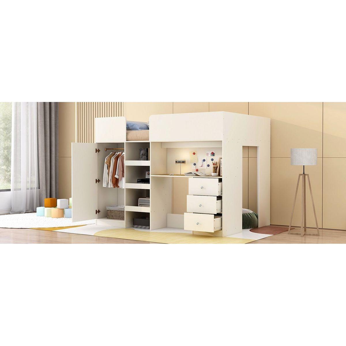 Wood Full Size Loft Bed with Built-in Wardrobe, Desk, Storage Shelves and Drawers, Beige