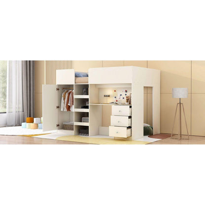 Wood Full Size Loft Bed with Built-in Wardrobe, Desk, Storage Shelves and Drawers, Beige
