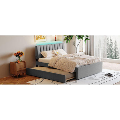 Teddy Fleece Queen Size Upholstered Platform Bed with Trundle, Gray