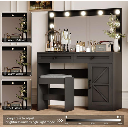 43.4"Makeup Vanity Table, Makeup Table with Large Mirror and 11 LED Light, Brightness Adjustable, Dressing Table Desk with 3 Drawers, Vanity Desk for Women(Black with Stool)