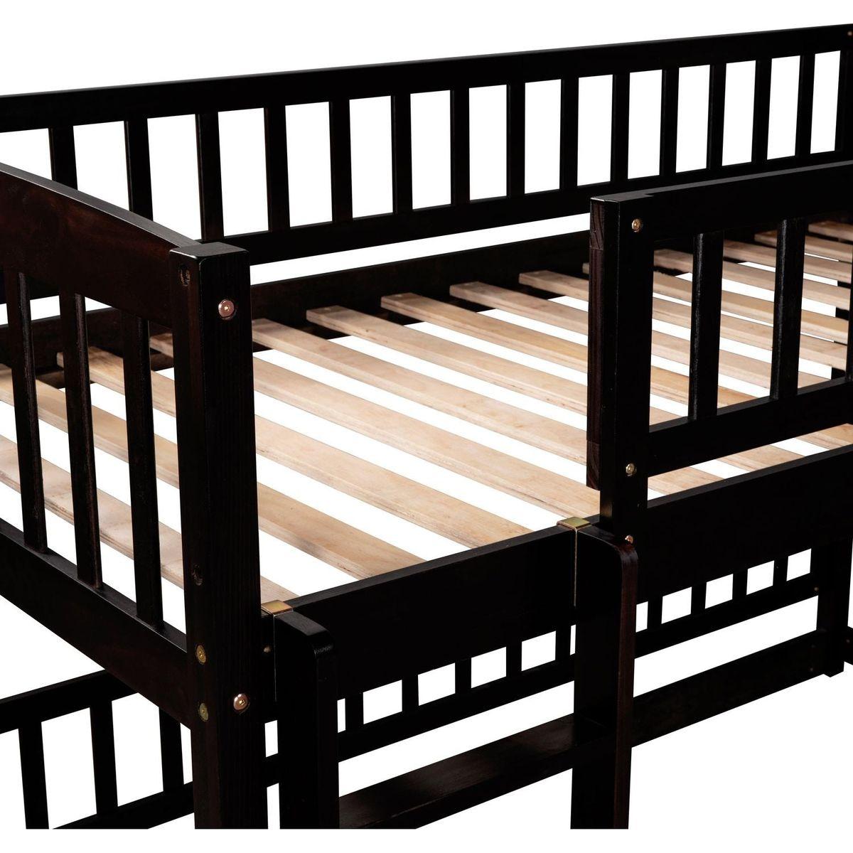 Bunk Bed with Slide,Twin Over Twin Low Bunk Bed with Fence and Ladder for Toddler Kids Teens Espresso