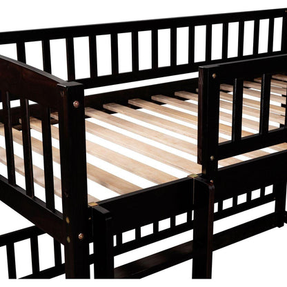 Bunk Bed with Slide,Twin Over Twin Low Bunk Bed with Fence and Ladder for Toddler Kids Teens Espresso