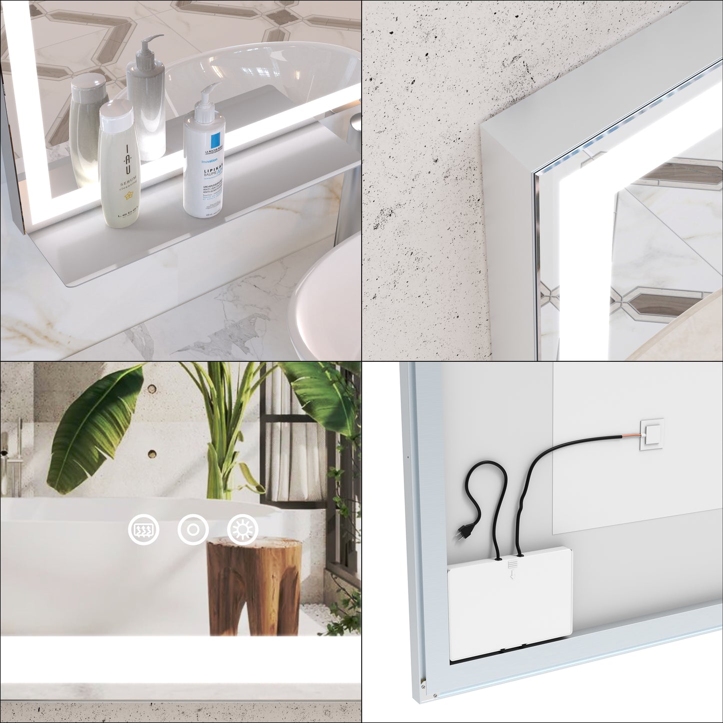 48x36 inch LED Bathroom Vanity Mirror Wall Mounted Adjustable White/Warm/Natural Lights Anti-Fog Touch Switch with Memory Modern Smart Large Bathroom Mirrors