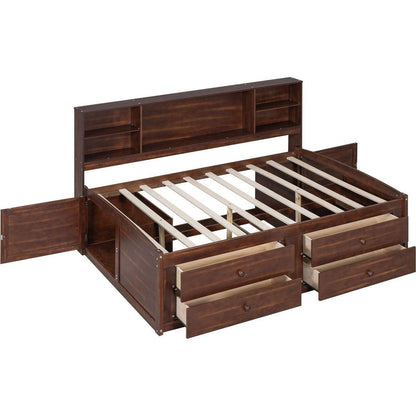 Full Size Wooden Captain Bed with Built-in Storage Shelves, 4 Drawers and 2 Cabinets, Antique Brown