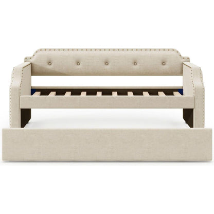 Upholstered Daybed with Trundle, Wood Slat Support,Upholstered Frame Sofa Bed, Twin, Beige