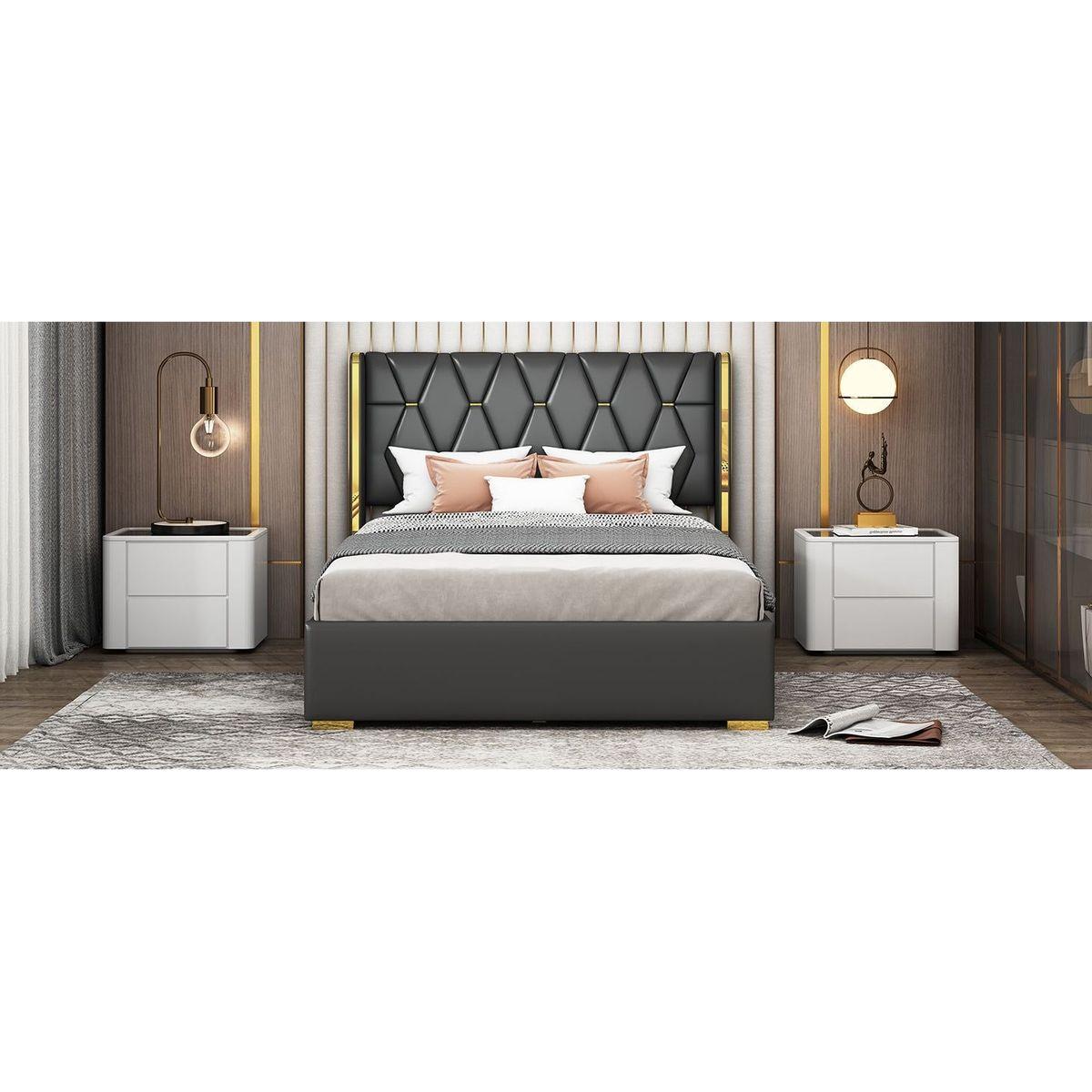 Full Size Upholstered Platform Bed with Metal Strips, Black