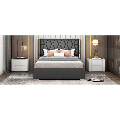 Full Size Upholstered Platform Bed with Metal Strips, Black