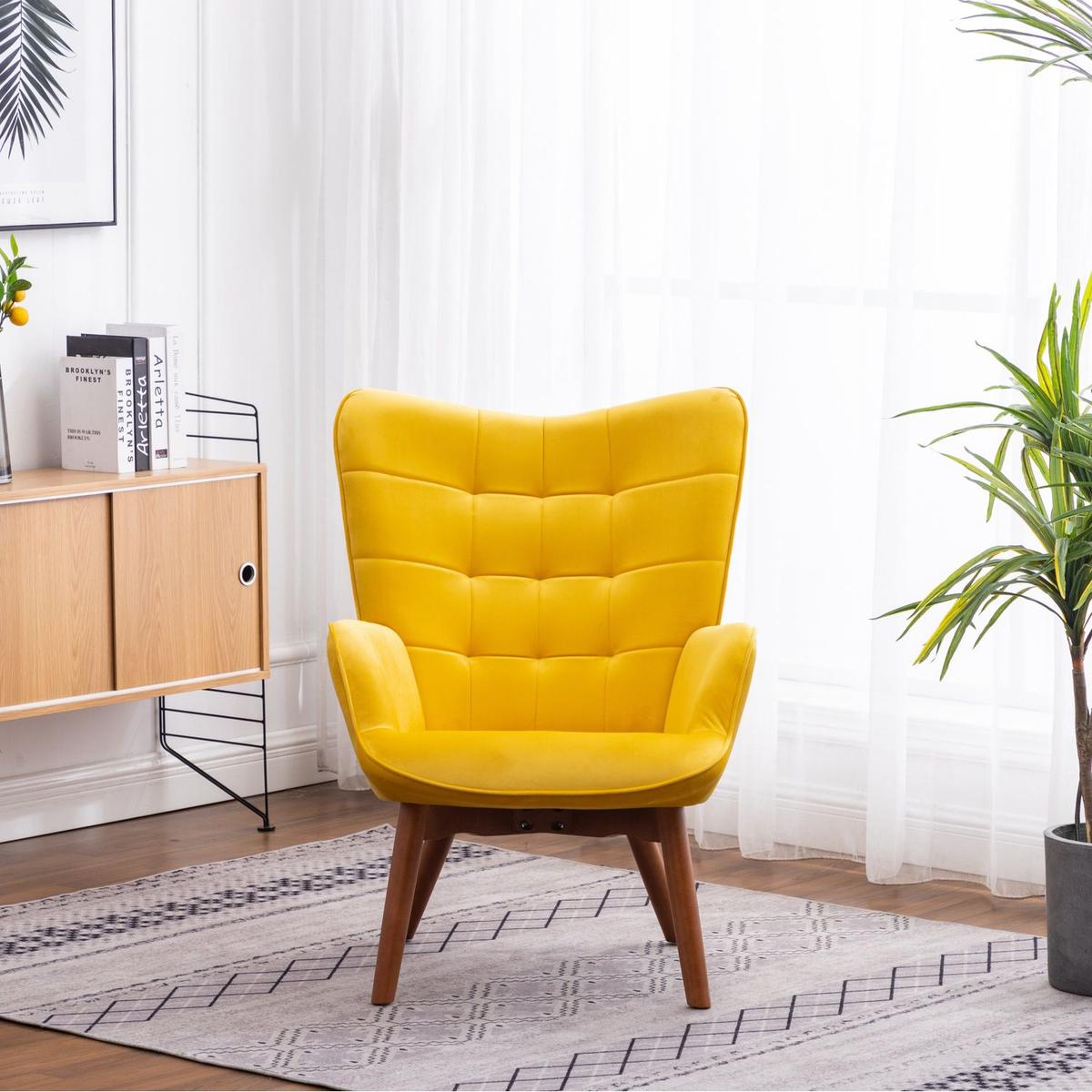 Leiria Contemporary Silky Velvet Tufted Accent Chair with Ottoman, Yellow