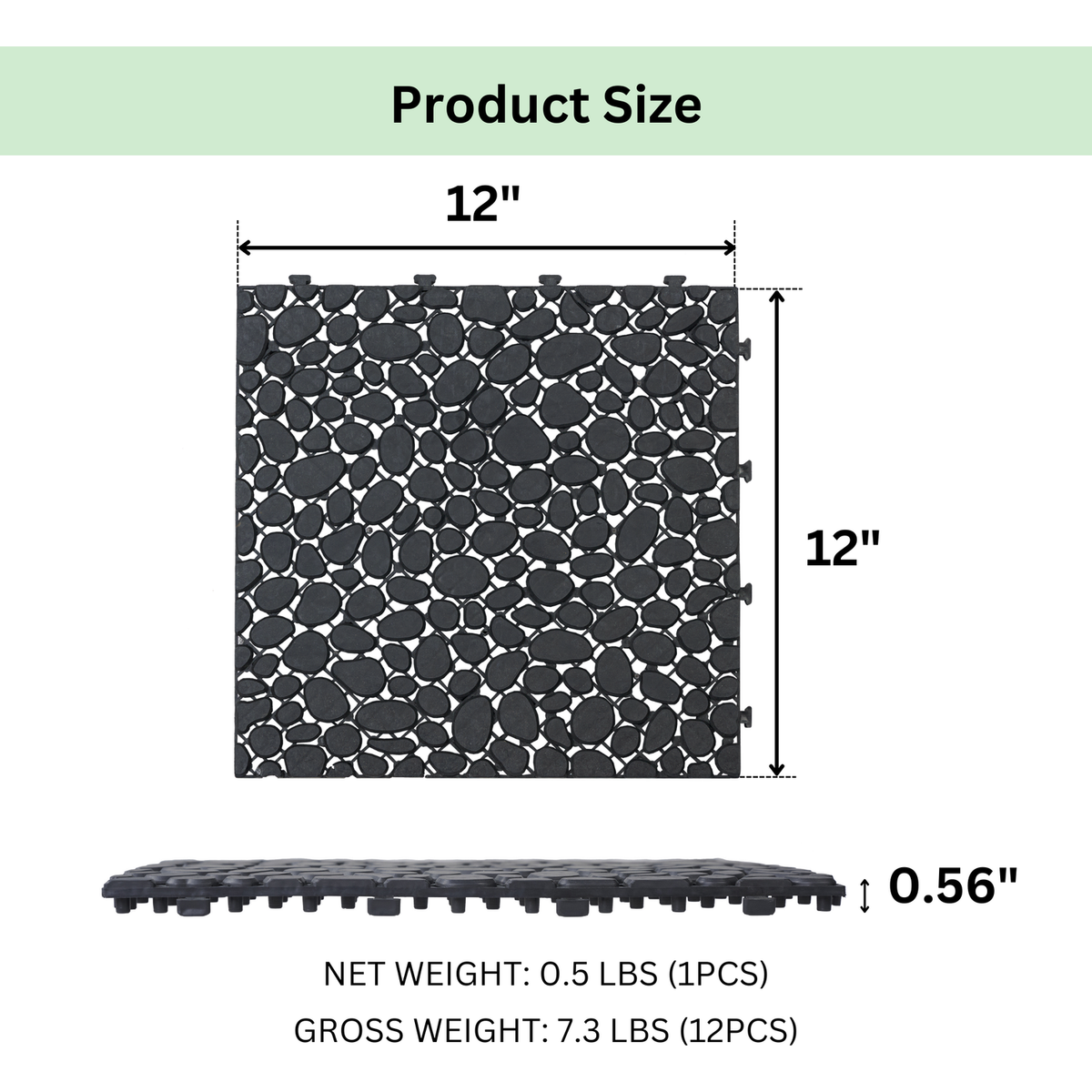 12 x 12 Inch Black Interlocking Deck Tiles Plastic Waterproof Outdoor All Weather Anti-slip Bathroom Shower Balcony Porch Strong Weight Capacity Upto 440 LBS, Pebble Stone Pattern Pack of 12