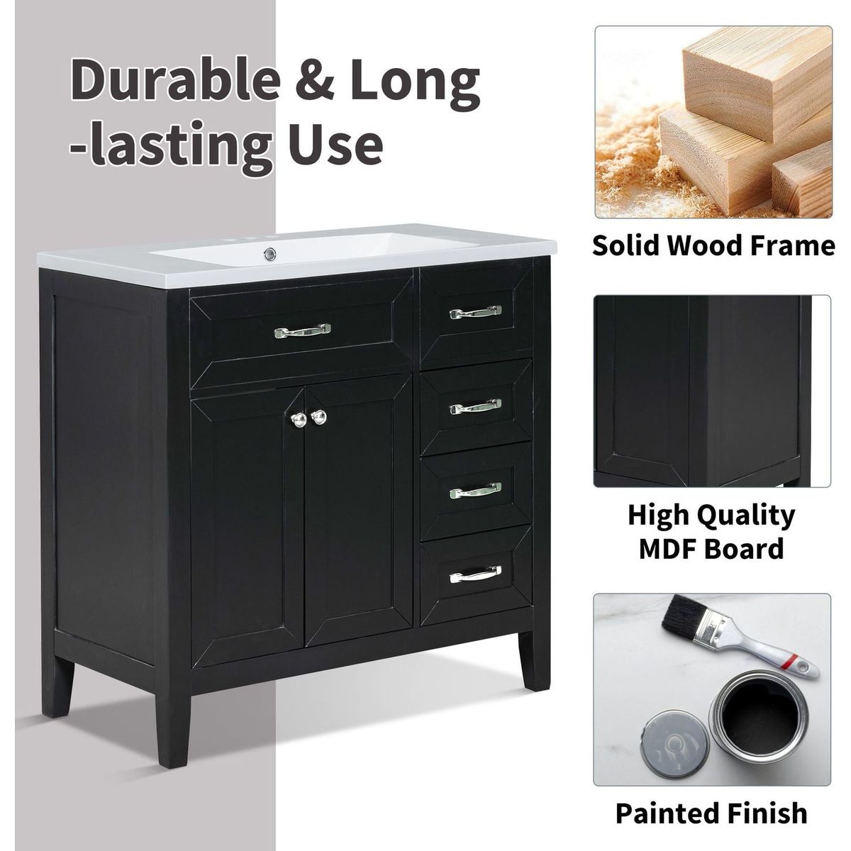 36" Bathroom Vanity with Sink Combo, Black Bathroom Cabinet with Drawers, Solid Frame and MDF Board