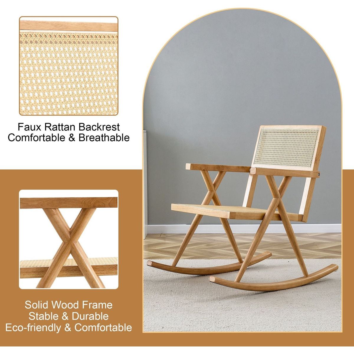 Solid wood+imitation rattan rocking chair allows you to relax quietly indoors and outdoors, enhancing your sense of relaxation, suitable for balconies, gardens, and camping sites