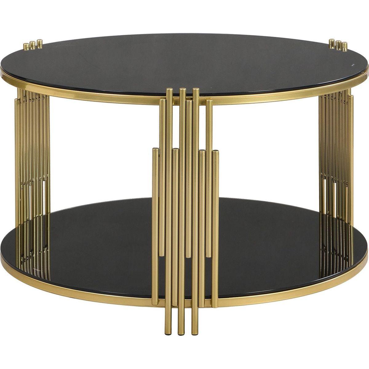 Modern Black Mirror Coffee Table, Asymmetrical Metal, Circular Metal Drum Base, Gold Finish & Lower Shelf