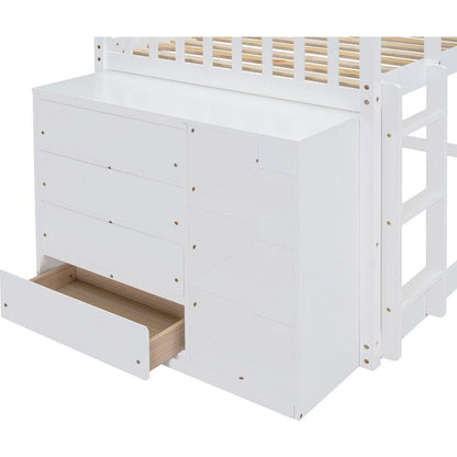 Twin over Twin Bunk Bed with 4 Drawers and 3 Shelves-White