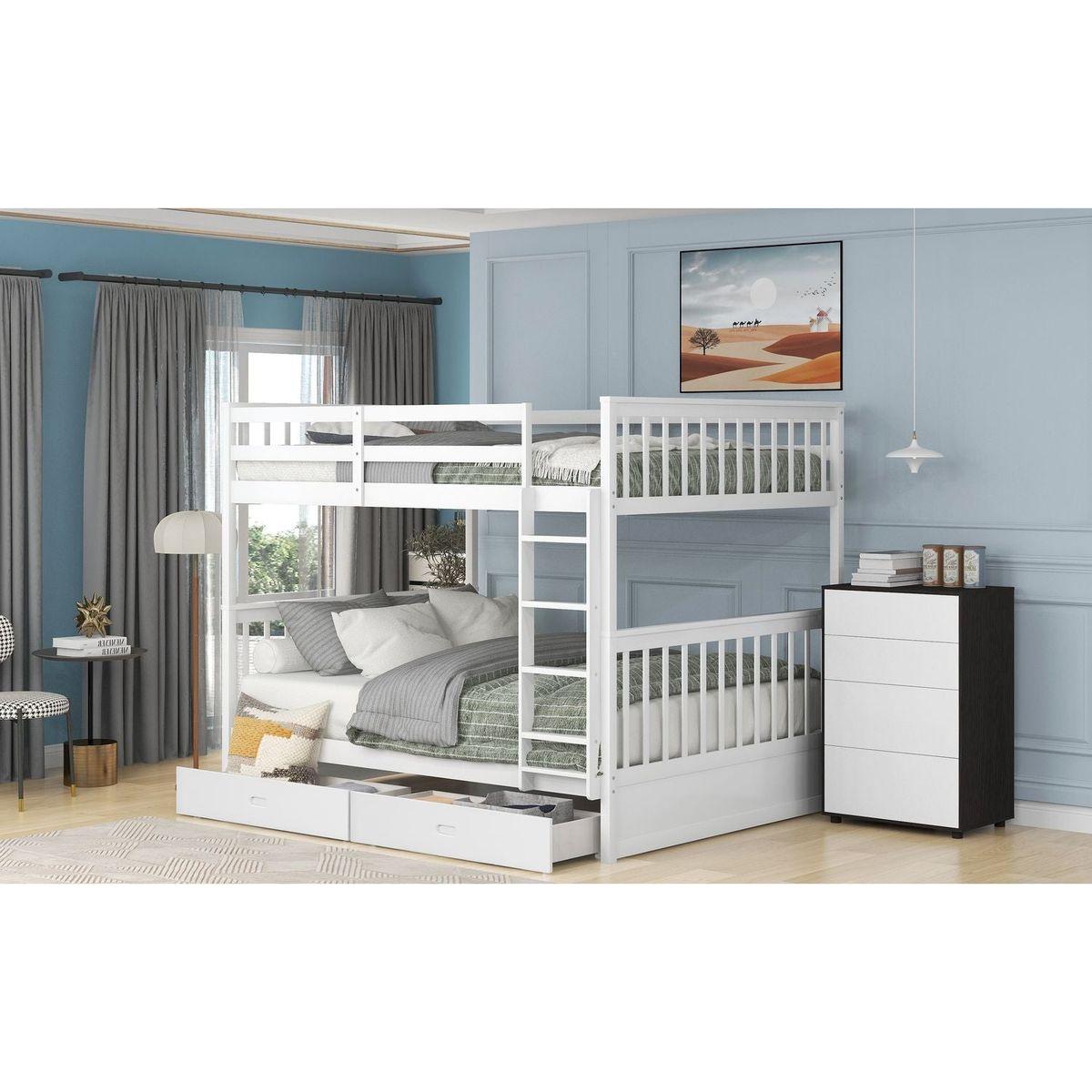 Full-Over-Full Bunk Bed with Ladders and Two Storage Drawers (White)