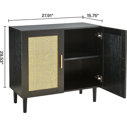Side panel buffet cabinet with natural rattan door, rattan storage cabinet with adjustable shelves, side panel and buffet with storage space, modern console cabinet in bedroom and living room - Streamdale Furniture