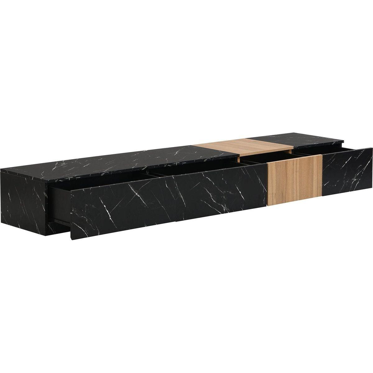 TV Stand with Faux Marble and Walnut Wood Grain Finish for TVs up to 88", Modern Free-Combination Entertainment Center with 4 Storage Drawers for Living Room, Black