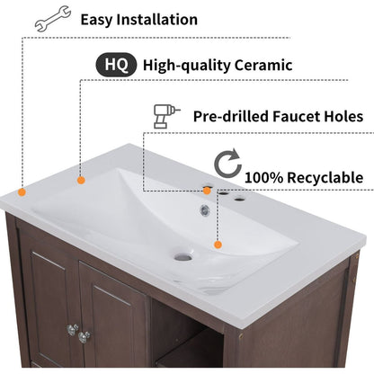 30" Bathroom Vanity with Sink, Bathroom Storage Cabinet with Doors and Drawers, Solid Wood Frame, Ceramic Sink, Brown