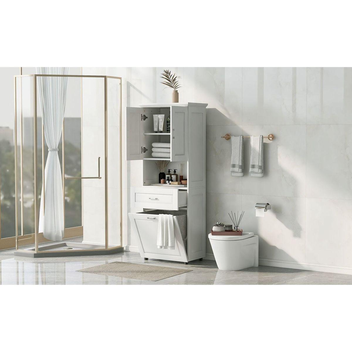 Tall Bathroom Cabinet with Laundry Basket, Large Storage Space Tilt-Out Laundry Hamper and Upper Storage Cabinet, White