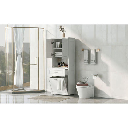 Tall Bathroom Cabinet with Laundry Basket, Large Storage Space Tilt-Out Laundry Hamper and Upper Storage Cabinet, White