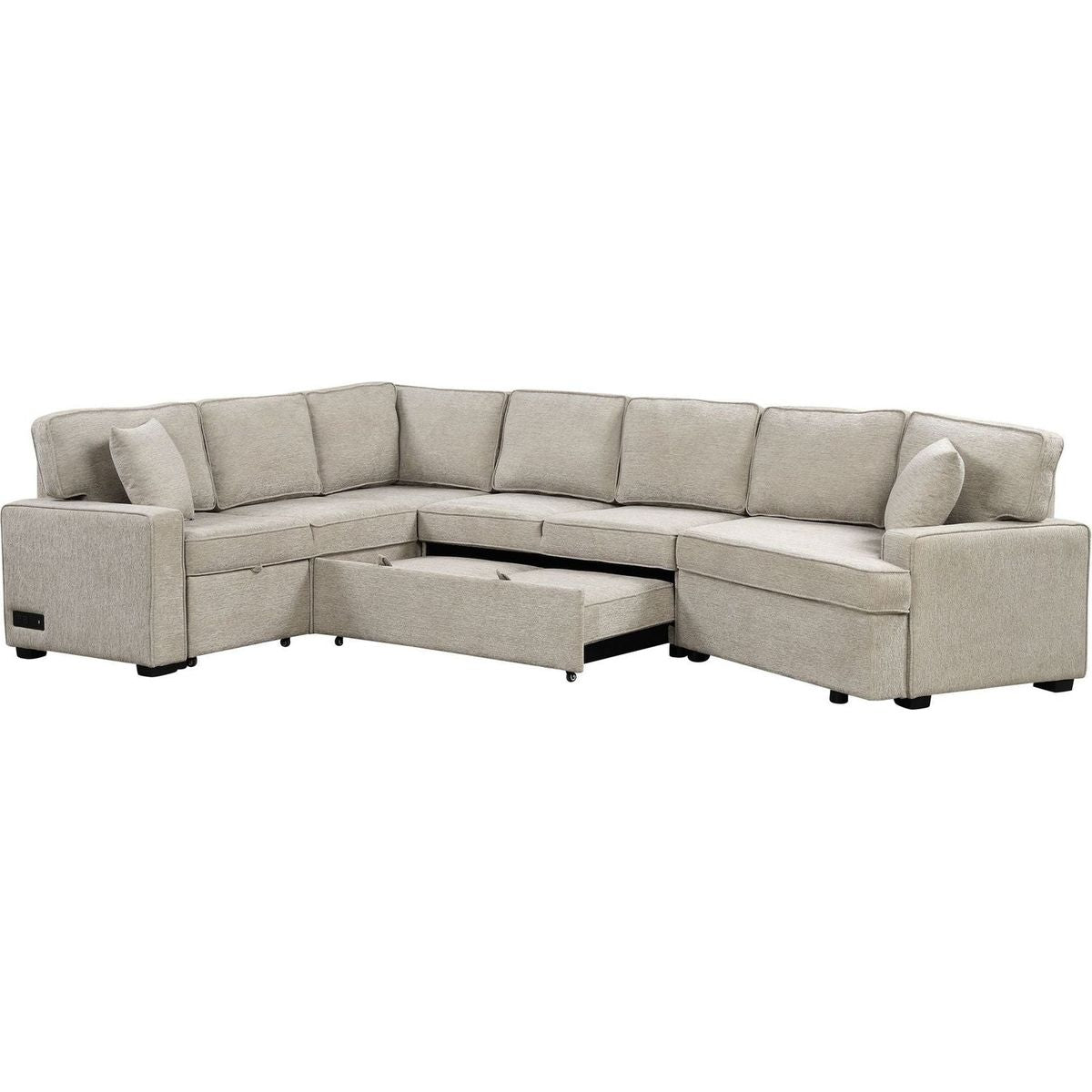 126" L-shaped Sofa Sectional Sofa Couch Pull-out Sofa Bed with Charging Devices and Cup Holders for Living Room, Beige