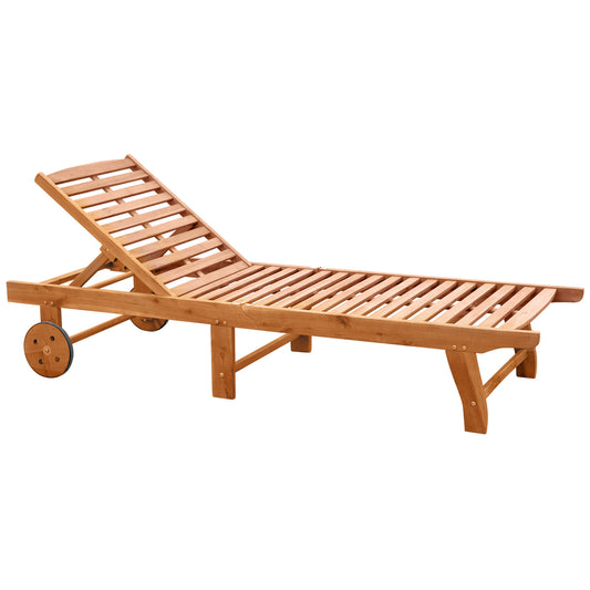 Outdoor Folding Chaise Lounge Chair Recliner with Wheels, Acacia Wood Frame - Teak Color