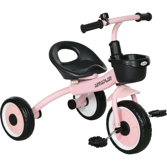 Qaba Kids Tricycle for Toddlers Age 2-5 with Adjustable Seat, Toddler Bike for Children with Basket, Bell, Handlebar Grips, Pink