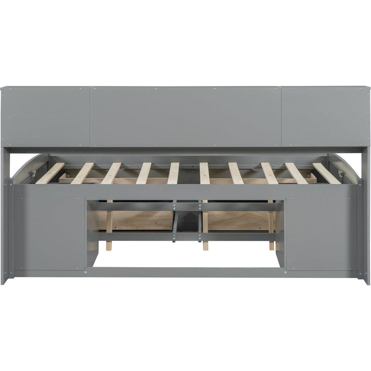 Full Size Wood Daybed with 2 Bedside Cabinets, Upper Shelves and 4 Drawers, Gray