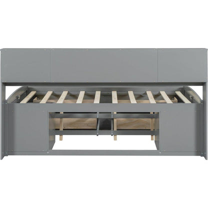 Full Size Wood Daybed with 2 Bedside Cabinets, Upper Shelves and 4 Drawers, Gray