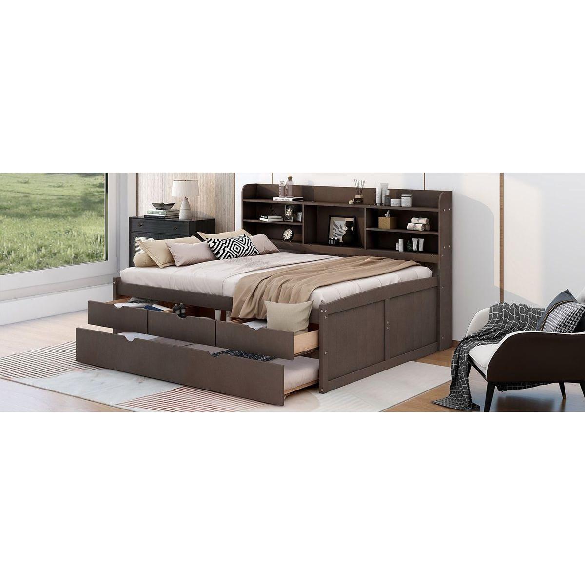 Full Size Wooden Captain Bed with Built-in Bookshelves,Three Storage Drawers and Trundle,Antique Grey - Streamdale Furniture