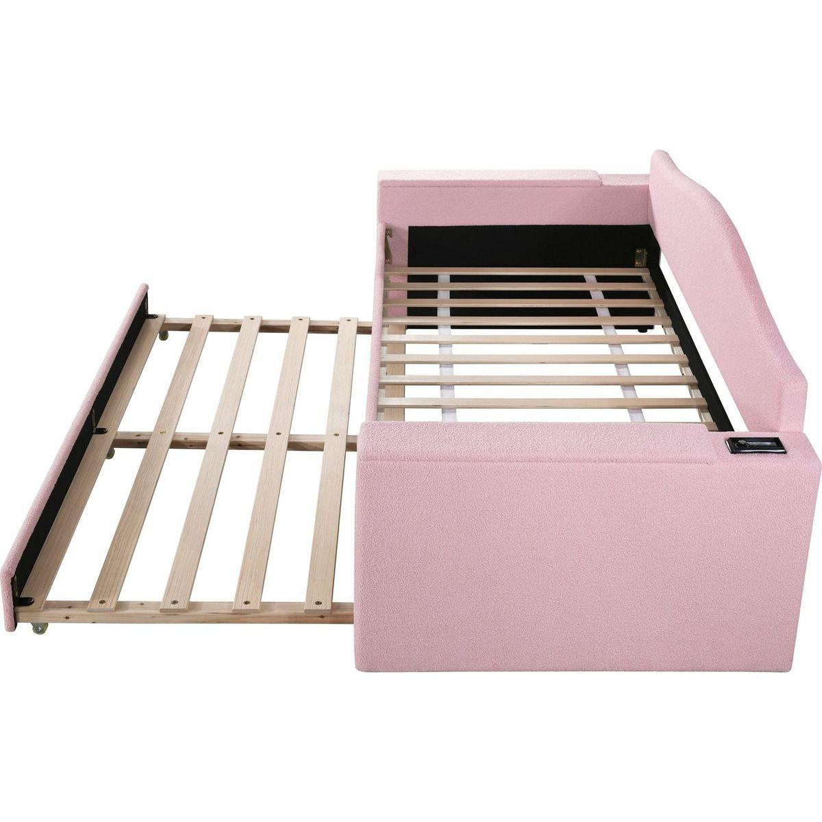 Twin Size Upholstered Daybed with Storage Armrests, Trundle and Latest Integrated Bluetooth Audio System, Teddy Fleece, Pink