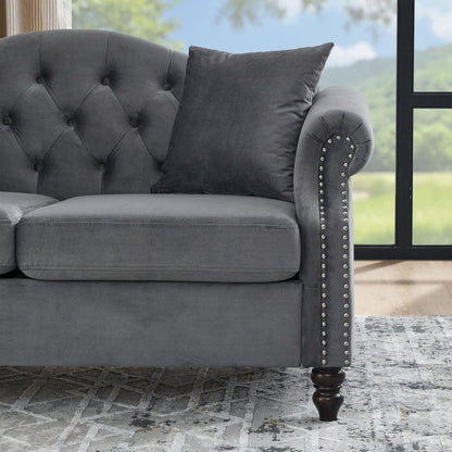 57" Chesterfield Sofa Grey Velvet for Living Room, 2 Seater Sofa Tufted Couch with Rolled Arms and Nailhead for Living Room, Bedroom, Office, Apartment, two pillows