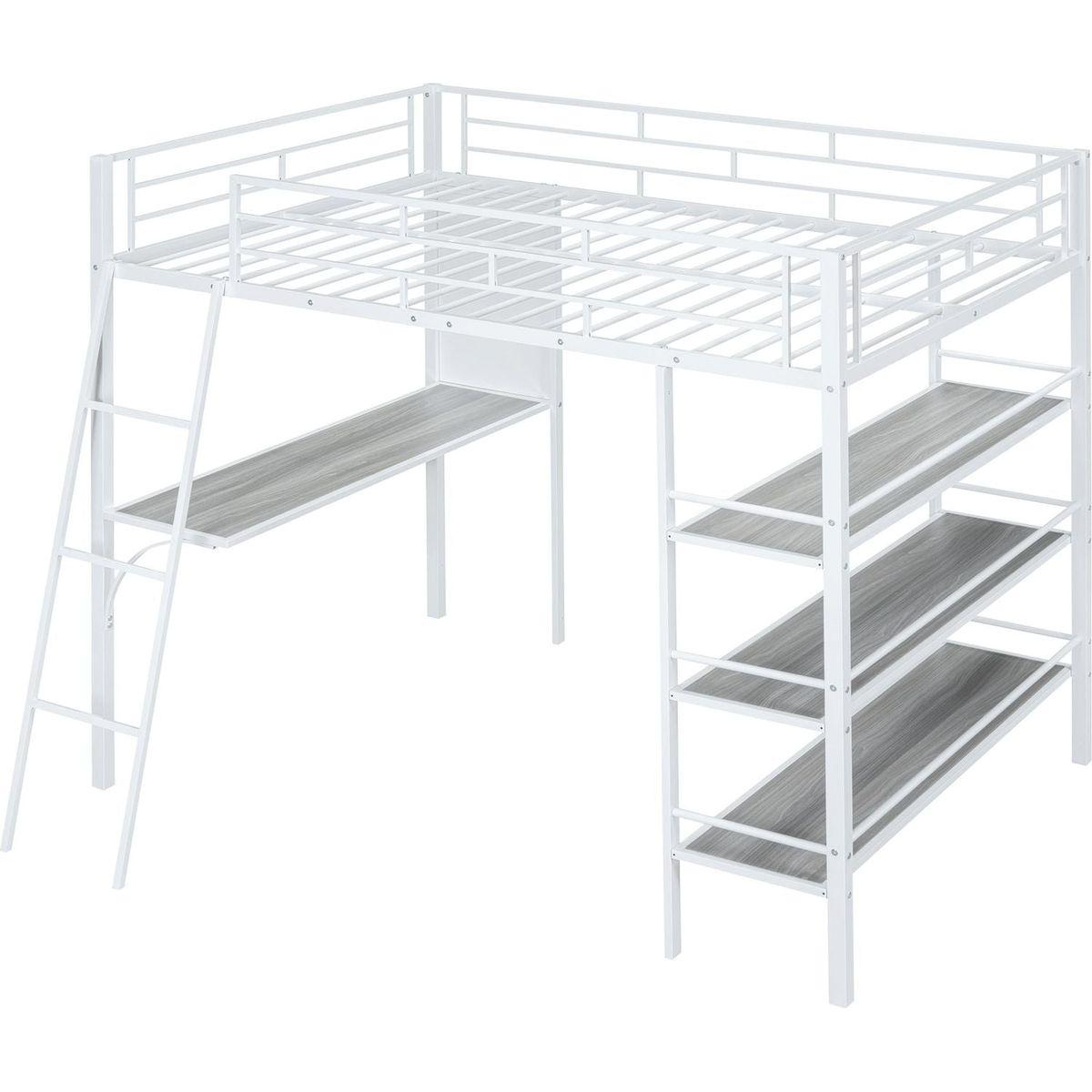 Full Size Loft Metal Bed with 3 Layers of Shelves and Desk, Stylish Metal Frame Bed with Whiteboard, White