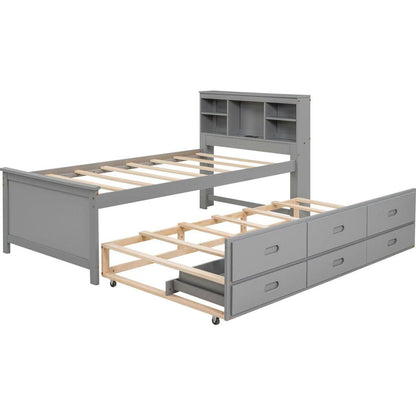 Twin Size Platform Bed with Storage Headboard, USB, Twin Size Trundle and 3 Drawers, Gray