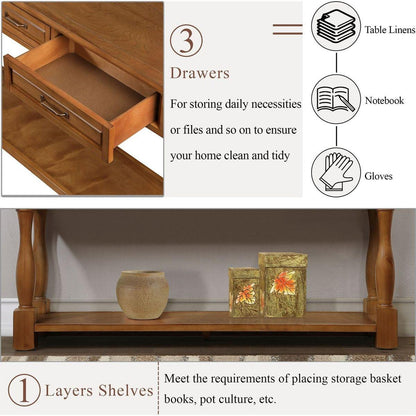 63inch Long Wood Console Table with 3 Drawers and 1 Bottom Shelf for Entryway Hallway Easy Assembly Extra-thick Sofa Table(Brown)