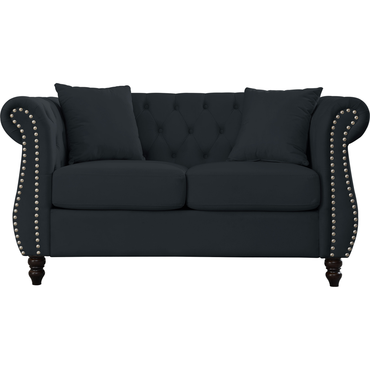 58.8" Chesterfield Sofa Black Velvet for Living Room, 2 Seater Sofa Tufted Couch with Rolled Arms and Nailhead for Living Room, Bedroom, Office, Apartment, two pillows