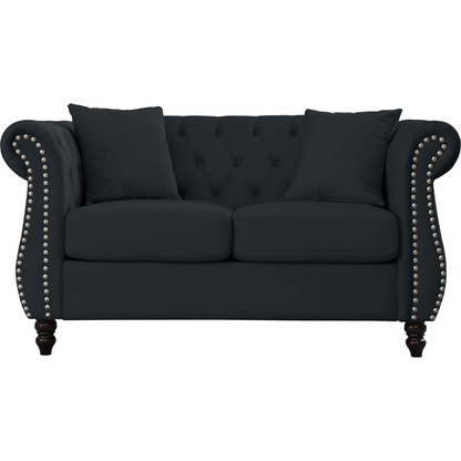 58.8" Chesterfield Sofa Black Velvet for Living Room, 2 Seater Sofa Tufted Couch with Rolled Arms and Nailhead for Living Room, Bedroom, Office, Apartment, two pillows