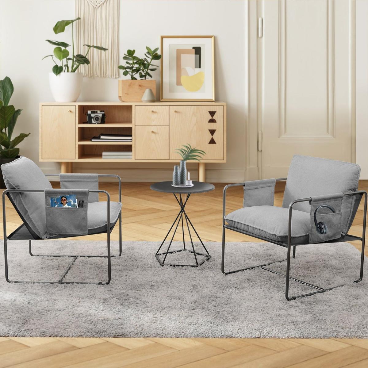 2 Sets 1 Case, Upholstered hanging armchair with arm pocket metal frame, crushed foamcushions and skin-friendly braid for living room and bedroom. Grey color