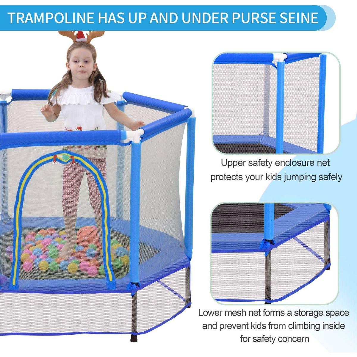 55" Toddlers Trampoline with Safety Enclosure Net and Balls, Indoor Outdoor Mini Trampoline for Kids