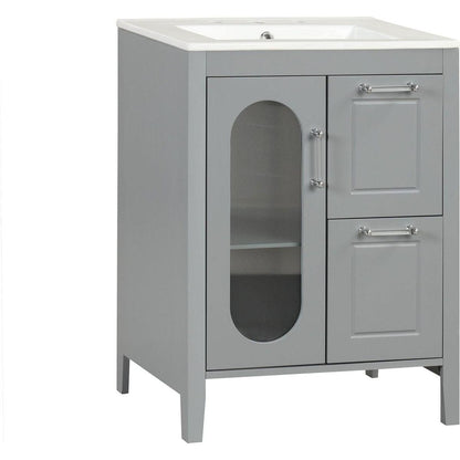 24" Bathroom Vanity with Sink, Bathroom Vanity Cabinet with Two Drawers and Door, Adjustable Shelf, Solid Wood and MDF, Grey