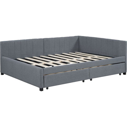 Full Size Upholstered Daybed with 2 Storage Drawers Sofa Bed Frame No Box Spring Needed, Linen Fabric (Gray)