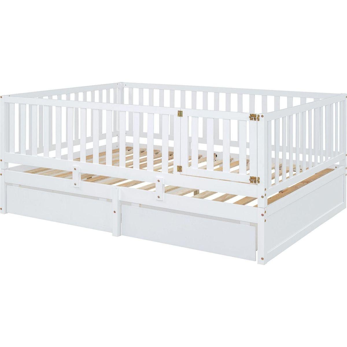 Full Size Wood Daybed with Fence Guardrails and 2 Drawers, Split into Independent Floor Bed & Daybed, White