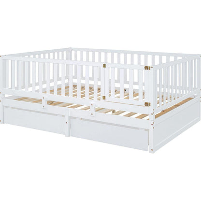 Full Size Wood Daybed with Fence Guardrails and 2 Drawers, Split into Independent Floor Bed & Daybed, White