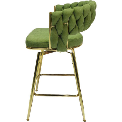 Bar Chair Linen Woven Bar Stool Set of 4,Golden legs Barstools No Adjustable Kitchen Island Chairs,360 Swivel Bar Stools Upholstered Bar Chair Counter Stool Arm Chairs with Back Footrest, (Green)