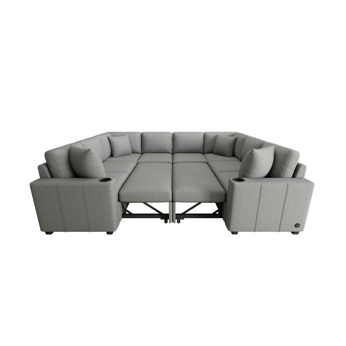 Modern U-shaped Sectional Sofa Convertible Pull-out Sofa Bed with USB Ports and Cup Holders, Gray Chenille, 108.7'
